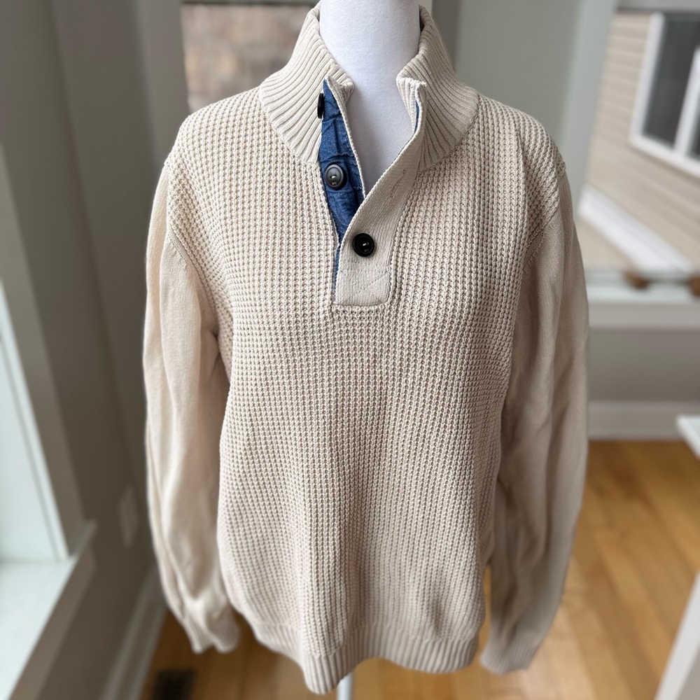 Weatherproof Vintage Ivory Blue Henley Cotton Fisherman Sweater Size Medium
